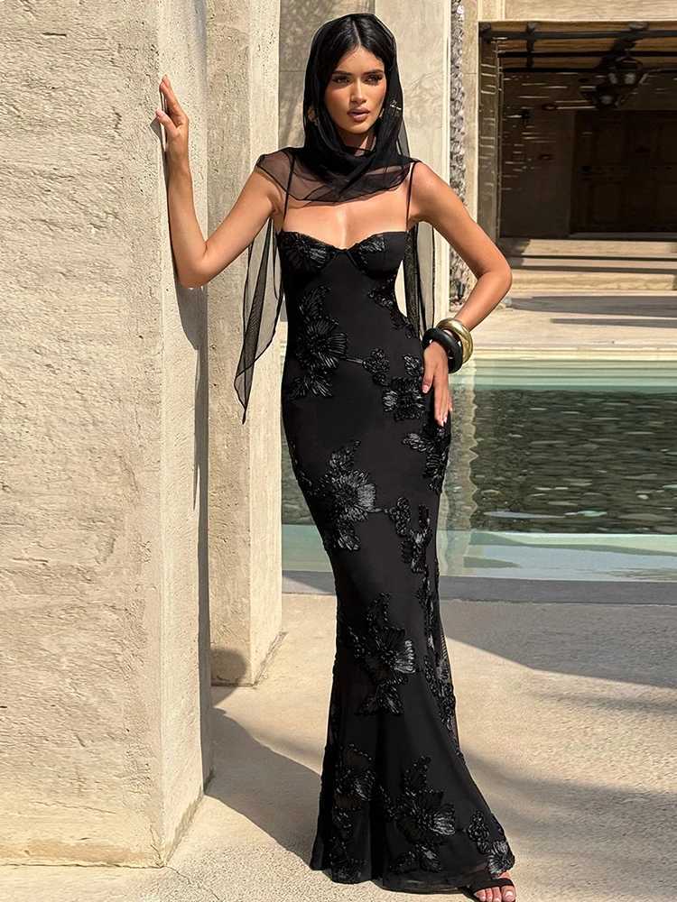 Womens Weird Puss Flower Embroidery Maxi Dress Low Neck Cross Bandage Backless Summer Elegant Slim Street Style Dress X260306