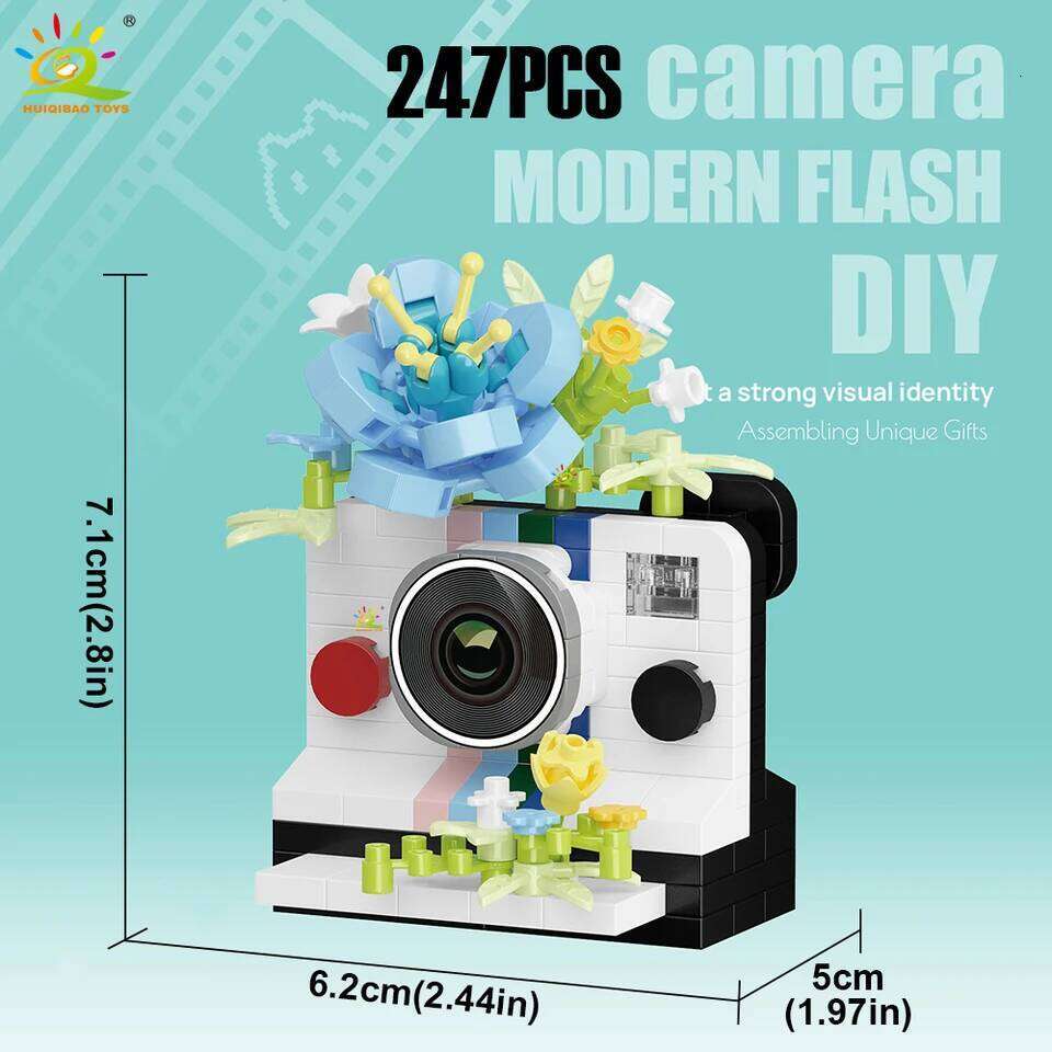 HUIQIBAO MOC Cute Camera with flower model Micro Building Block Mini Diamond Model Brick Toy for Children Desk Decoration Z260306