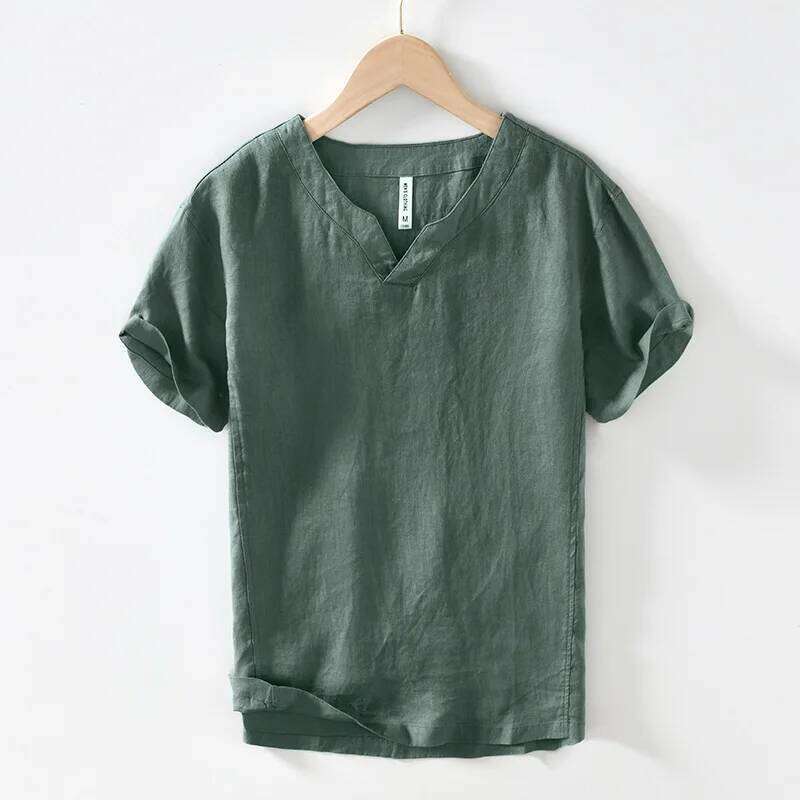 L998 Linen Premium T-shirts Men's Summer Fashion Chinese Style Vintage Solid Color Short Sleeve Tees Simple Breathable Tops 26H0306