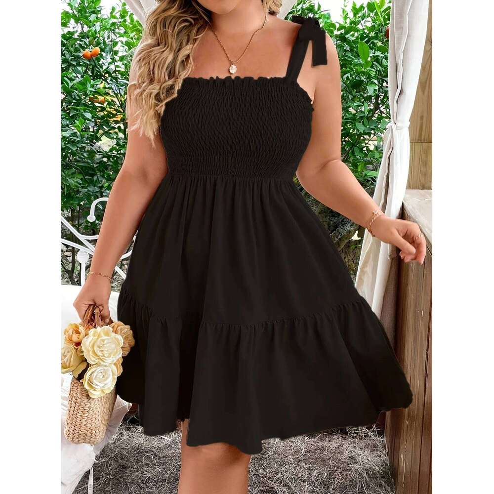 Ladies Solid Elastic Strap Butterfly Knot A-Line Halter Dress Vacation Gown Women's plus Size Clothing