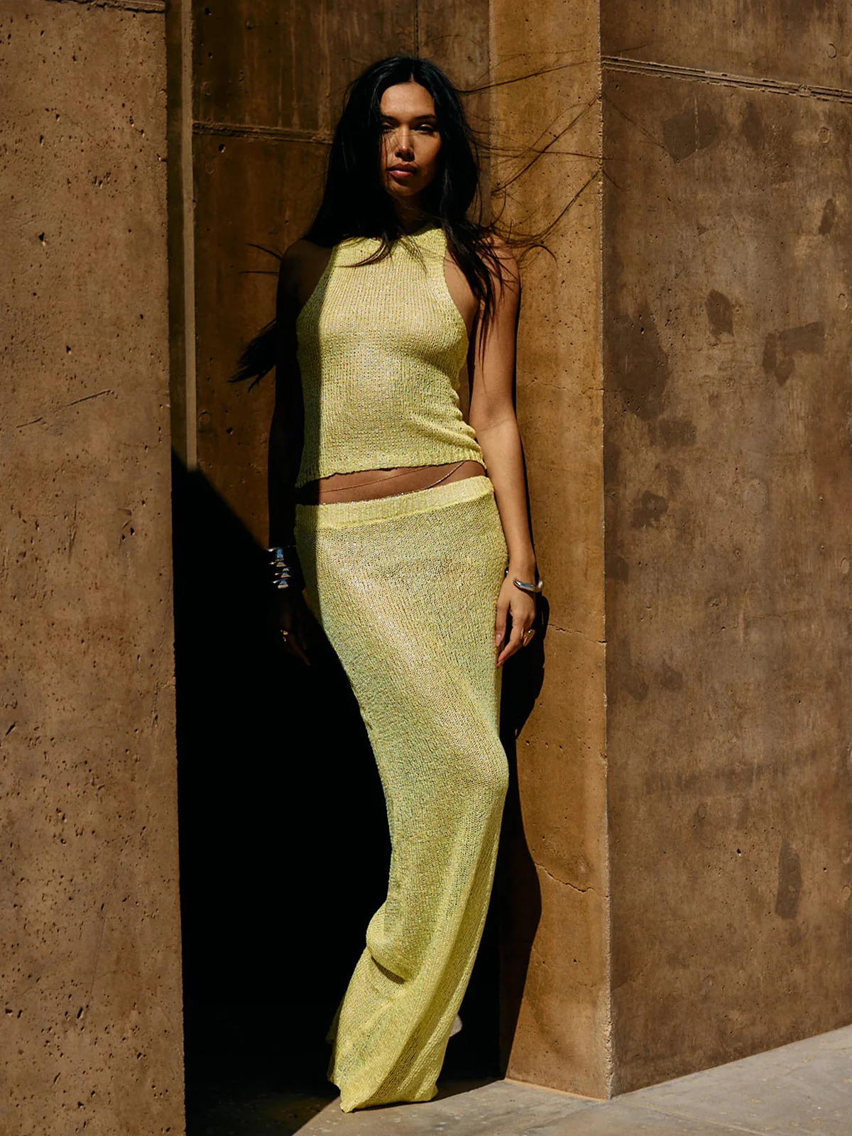 Sexy Transparent Sleeveless Shiny Camisole Tank Top Long Dress Two Piece Set 2025 Fashion Elastic Waist Wrap Hip Knitted K68 260228