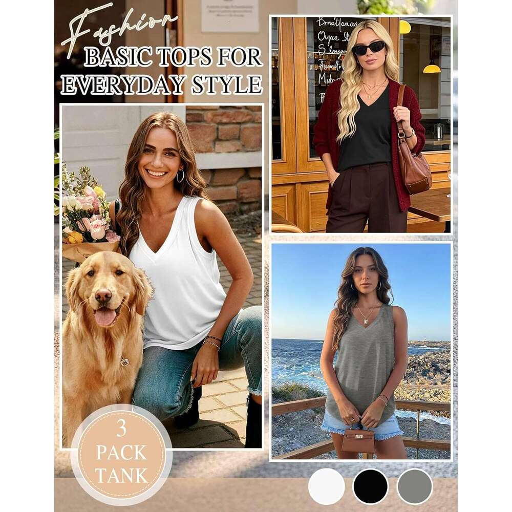 3 Pack Womens Tank Tops 2026 Spring Summer Vacation Outfits V Neck Loose Sleeveless Blouse Casual Shirts Designer Fashion Clothes