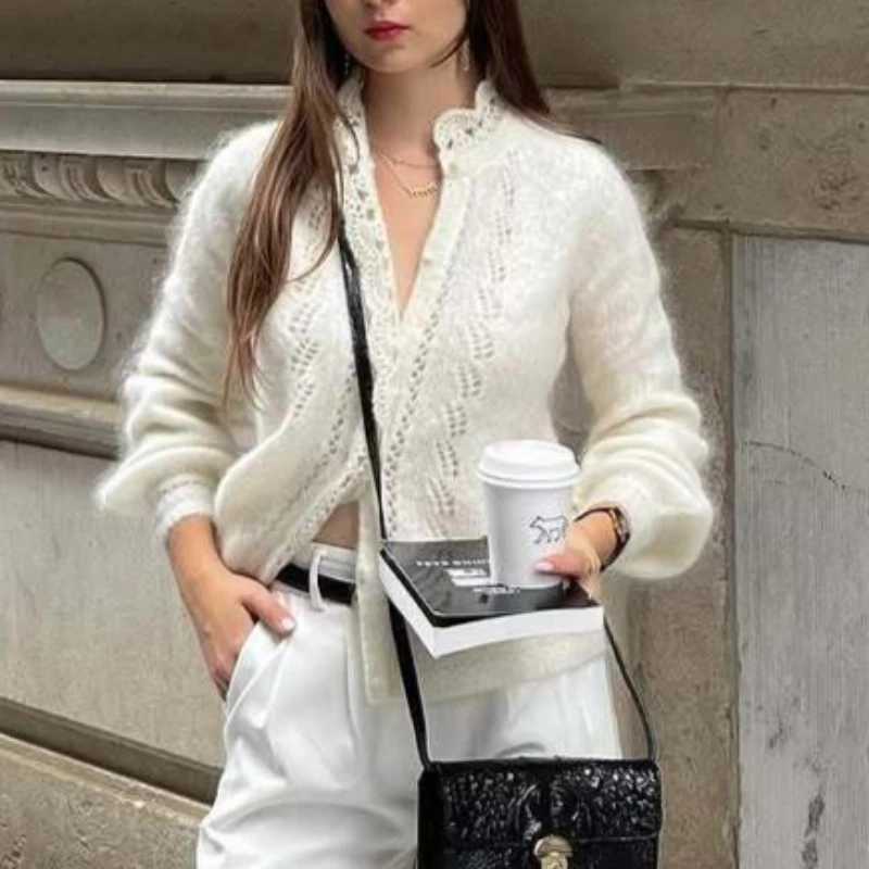Womens White Cardigan Fashion Hollow Lace Patchwork Loose Sweaters Elegant New Office Basic Autumn Female Cardigan M260306
