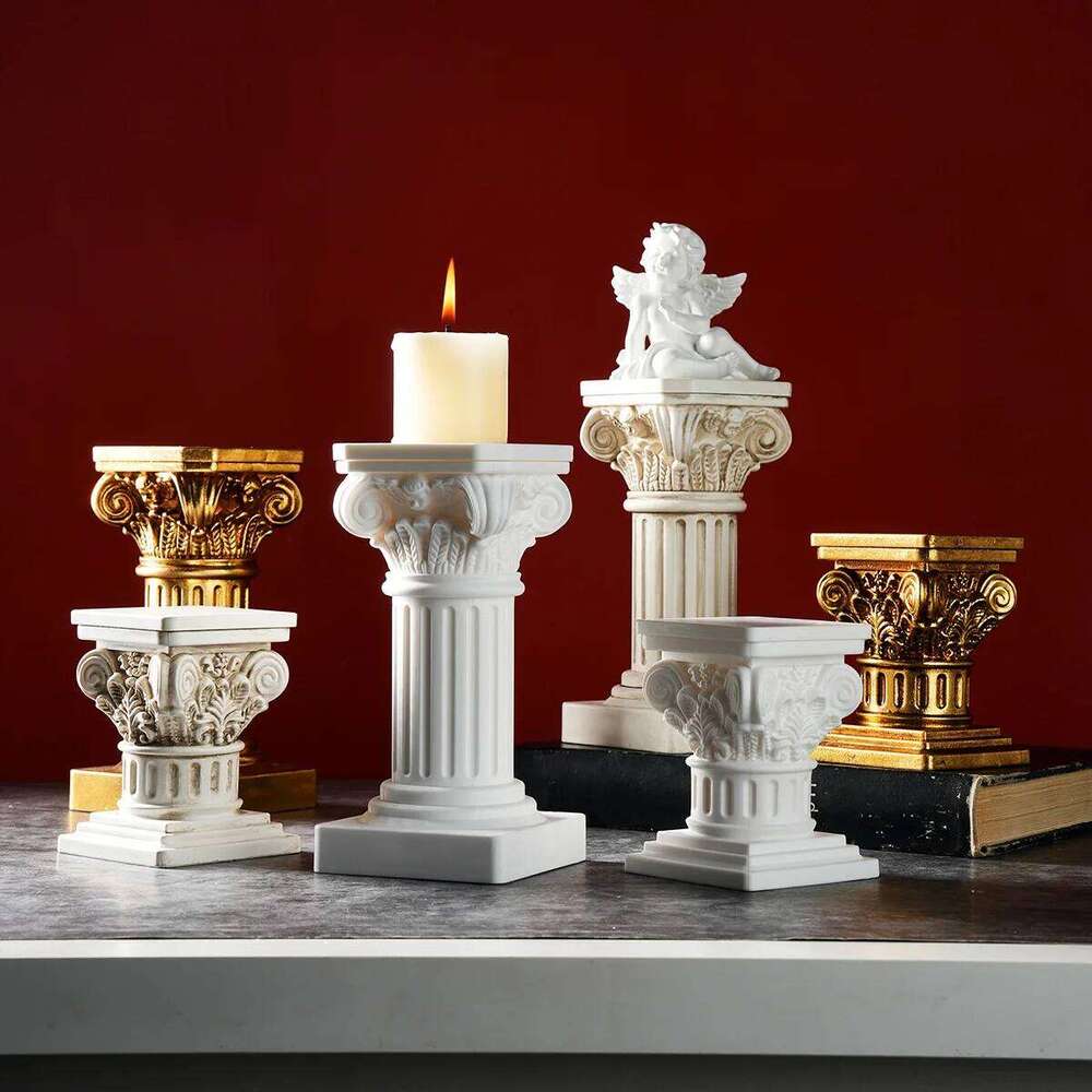 1PC, European retro Roman column-shaped candlestick, a warm and cozy decorative item in center of the desktop XJ260305