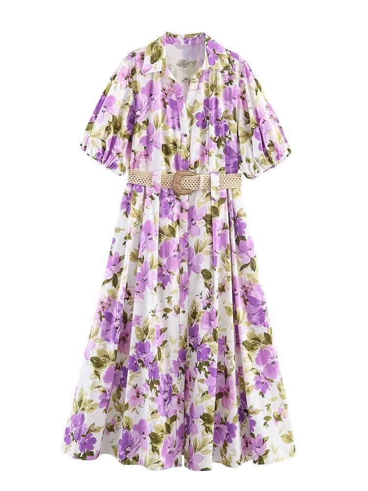 HH Womens Summer New Fashion Belted Purple Floral Print Long Dress Female Temperament Lapel Single-Breasted Short-Sleeved Dress X260306