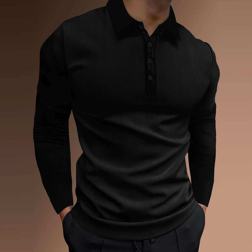 European and American Cross-Border Trade Men's Summer Sports Fitness Casual Turn-Down Collar Stretch Vertical Stripe Long Sleeve Polo Shirt for M