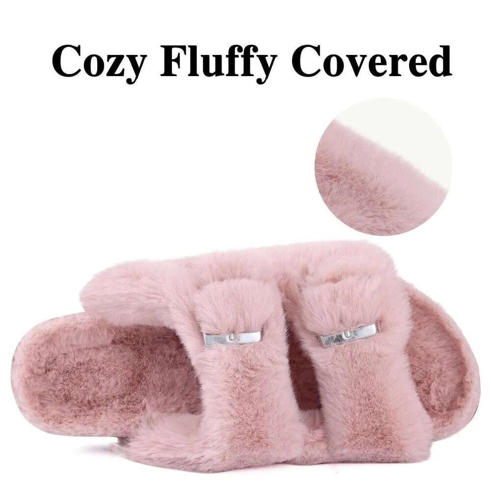 Litfun Winter Women's Fluffy Cork Comfy Arch Support Fuzzy Slippers Open Toe Plush House Slides With Adjustable Buckle