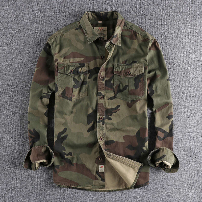 Khaki Foreign Trade Washed Camouflage American Workwear Long Sleeve Shirt for Men with Double Pockets Versatile Casual Military Youth Top
