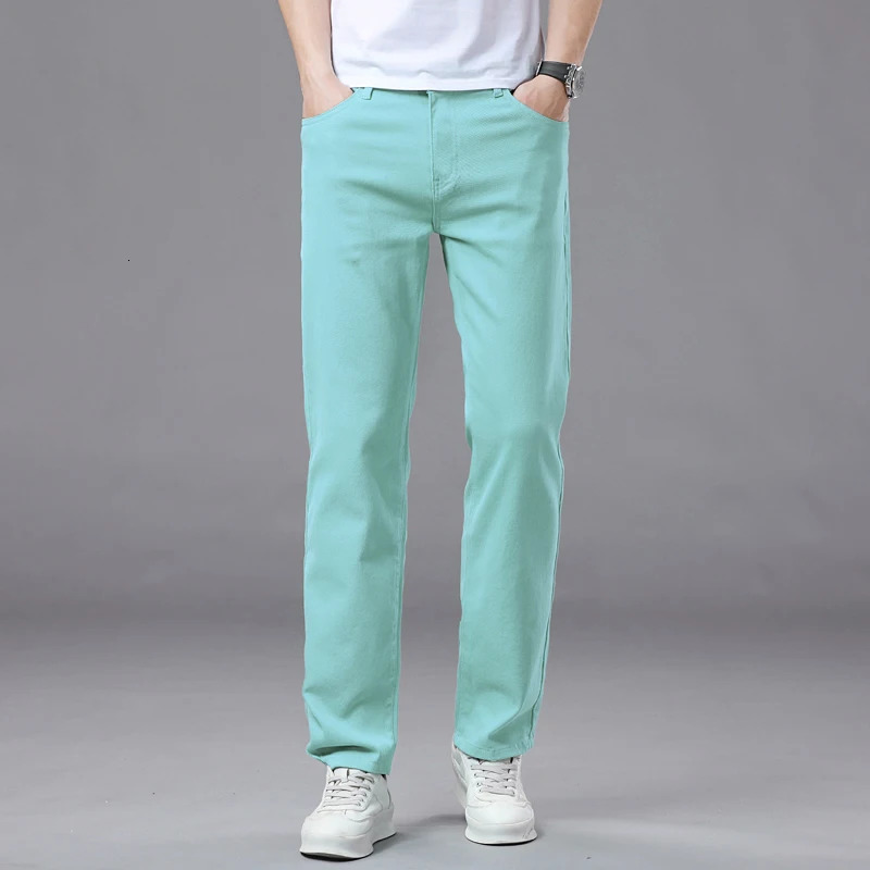 2025 Autumn Mens Elastic Colorful Jeans Breathable Casual Straight Fitted Solid Color Denim Pants Korean Fashion Trousers 260228