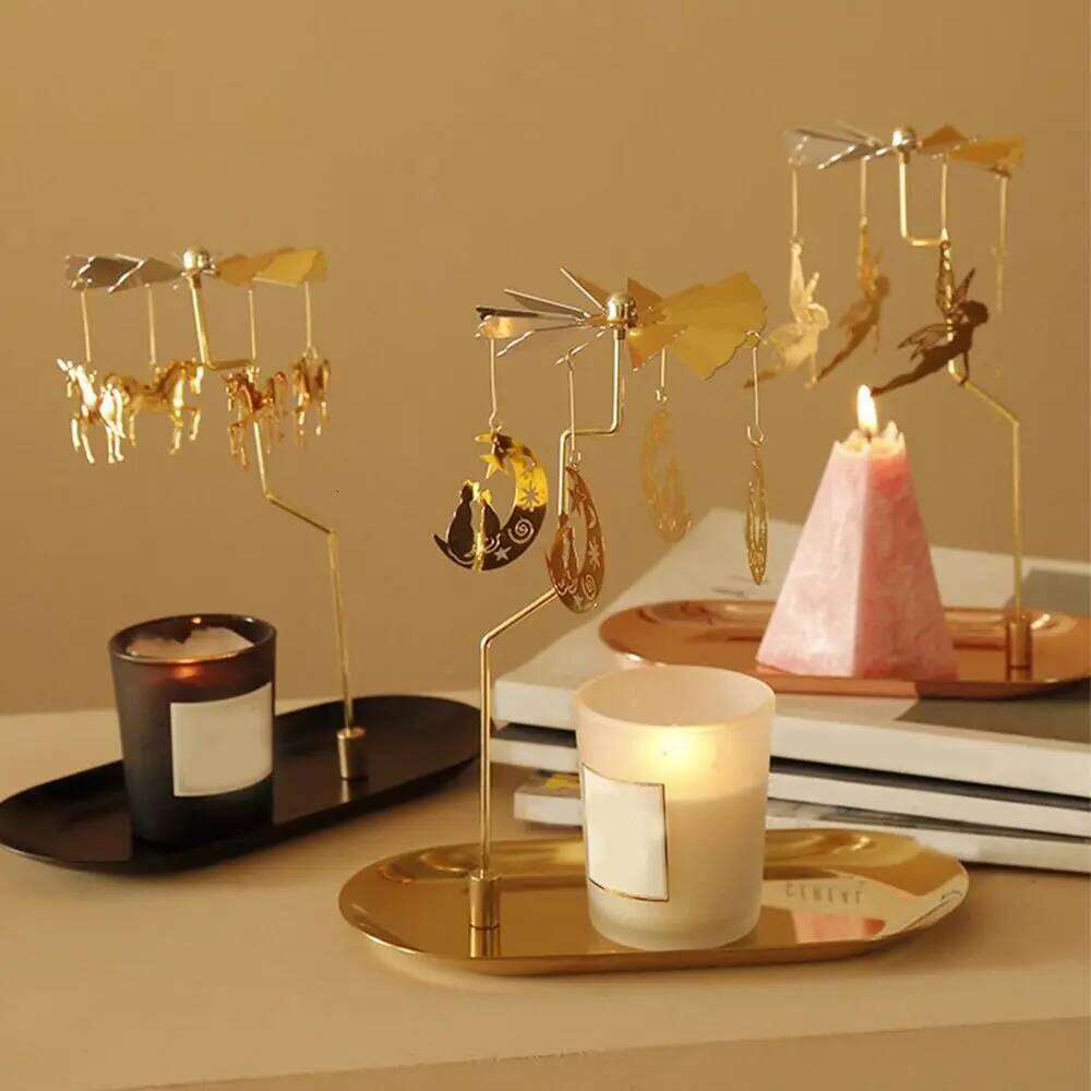 Gold Romantic Rotating Spinning Candle Holder Wedding Party Home Decoration Metal Tealight Candlestick XJ260305