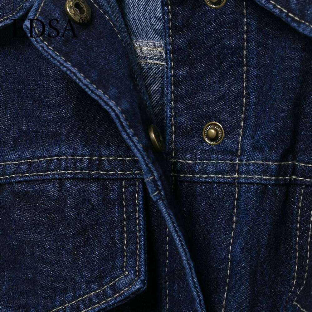EDSA Women Vintage Denim Jacket Coat with Sashes Flap Pockets Long Sleeves Turn-down Collar for Female High Street Outerwear