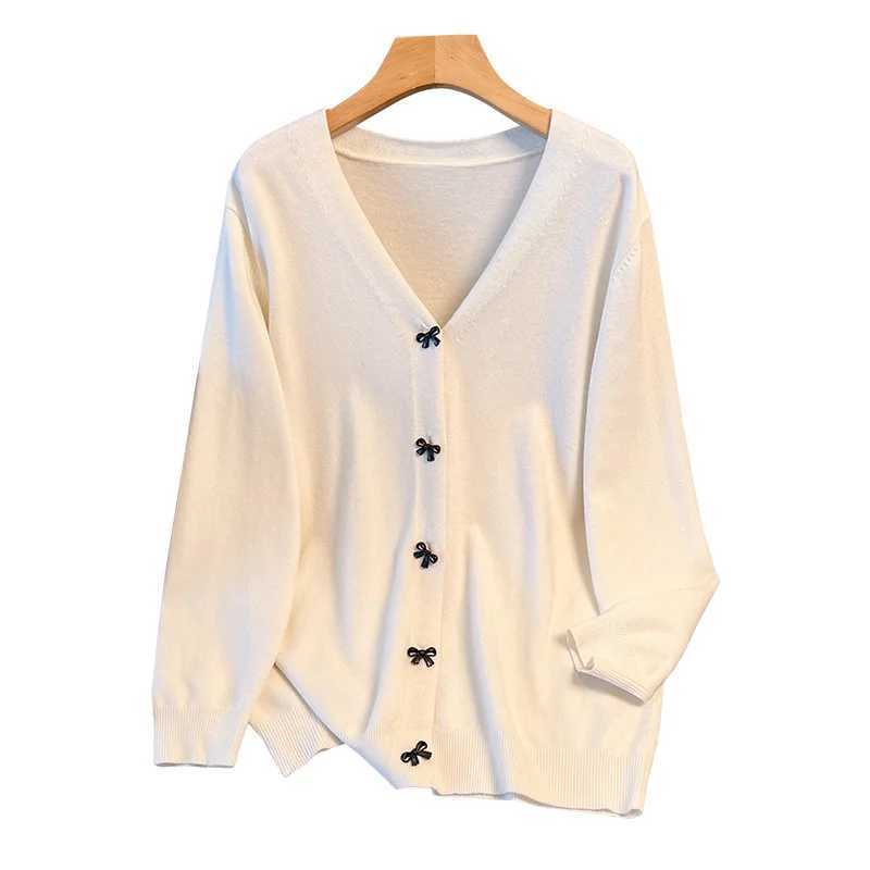 170Kg Plus Size Womens Bust 160 Spring Autumn Loose V-Neck Cardigan Bow Sweater Knitted Jacket Black White 5XL 6XL 7XL 8XL 9XL M260306
