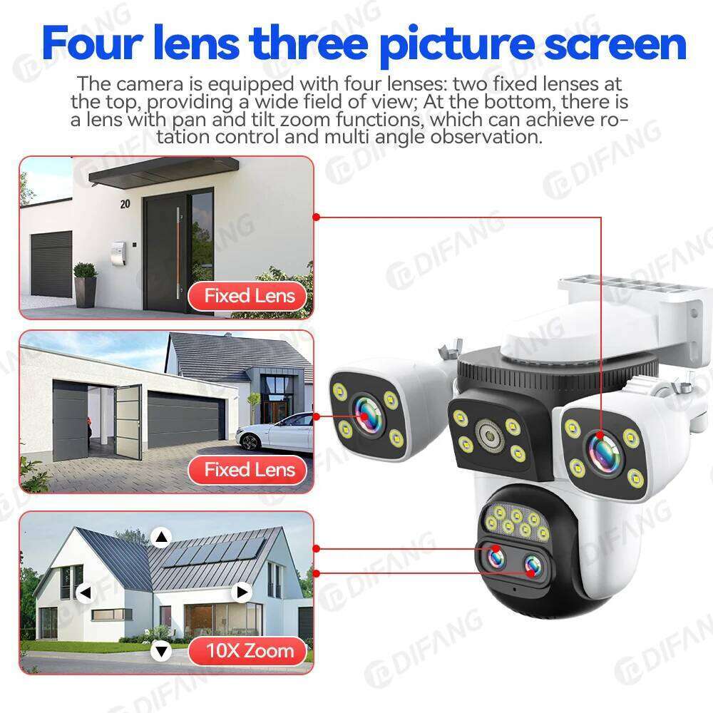 Outdoor 10K Optical 10X Zoom 20MP WiFi Four Lens Three Screens PTZ Human Two Way Audio Auto Tracking Security Camera CCTV 26W0306