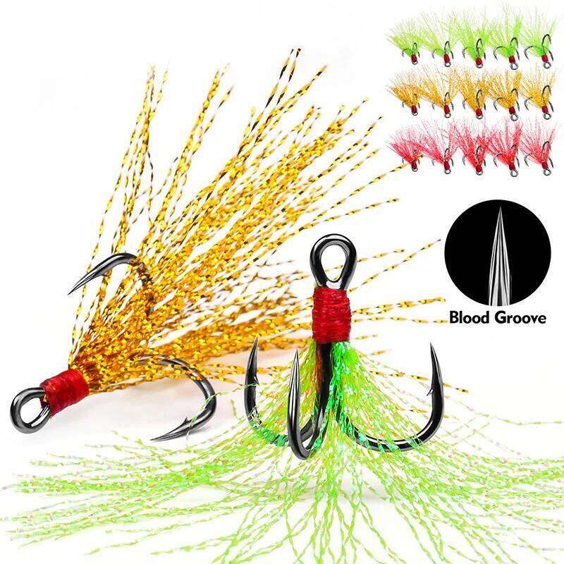 5Pcs 10Pcs Treble Hooks 4X Strength With Feather Tackle Fishing Hook Stronger Carbon Steel Barbed Fishhooks Pesca S260305