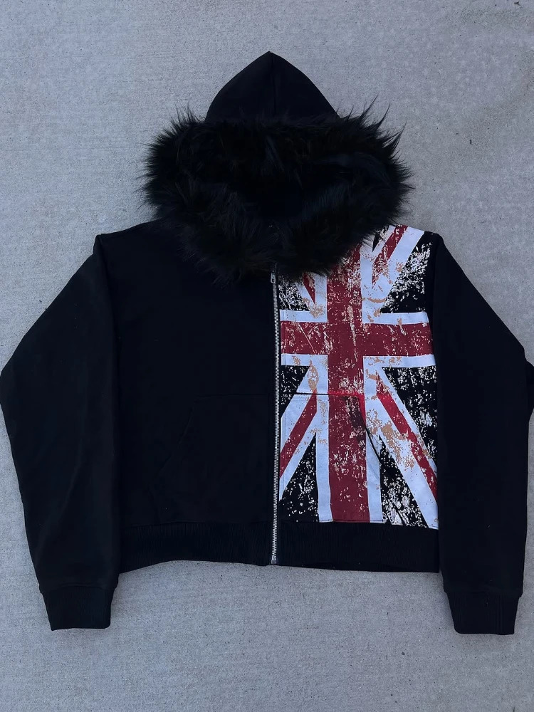 Leather Collar National Flag Printed Zipper Sweatshirt Long Sleeve Pullover Hoodie Retro Jacket Street Y2K Haircoat 260303