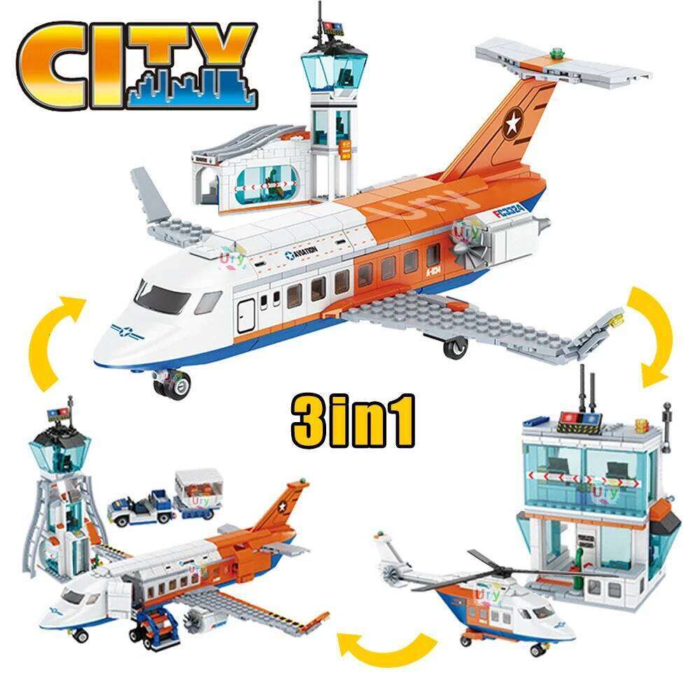 3in1 City Series Aviation Cargo Plane Helicopter Airport Airbus Airplane Control Tower DIY Building Blocks Toy Set Kids Boy Gift Z260306