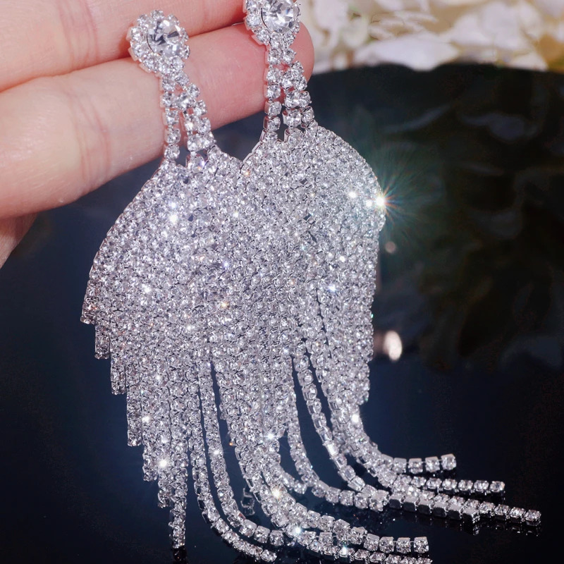 Trendy Sparkling Rhinestone Exaggerated Long Tassel Earrings for Women Silver Plated Big Drop Dangle Party Jewelry 260302