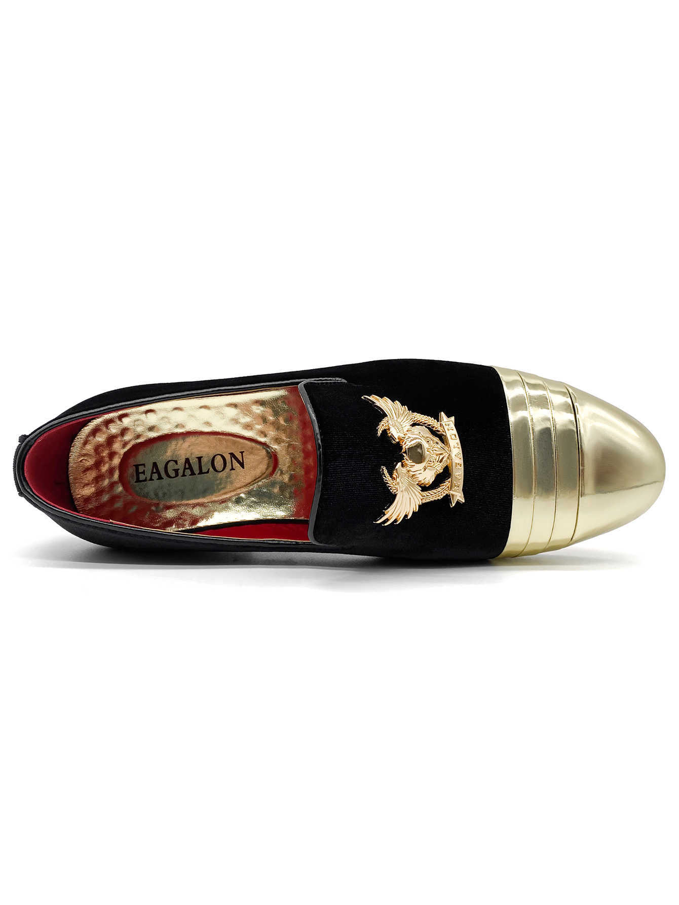 Men's Luxury Black Velvet Loafers Gold Cap Toe and Ornate Eagle Badge Red Bottom Dress Shoes
