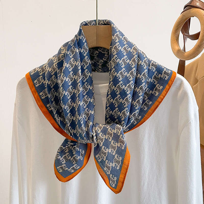 Blue Letter 70 Square Silk For Women Internet Celebrity Spring And Autumn Thin Small Neck Cotton Linen Scarf Mom's Gift Shawl