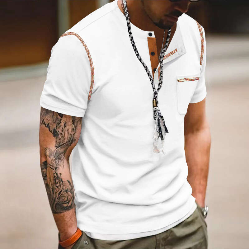 2025 European and American Cross-Border Short Sleeve Summer Foreign Trade Men's Henley Shirt Amazon Color Block T-Shirt Wholesale for Men