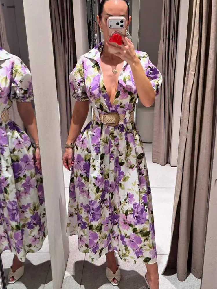 HH Womens Summer New Fashion Belted Purple Floral Print Long Dress Female Temperament Lapel Single-Breasted Short-Sleeved Dress X260306