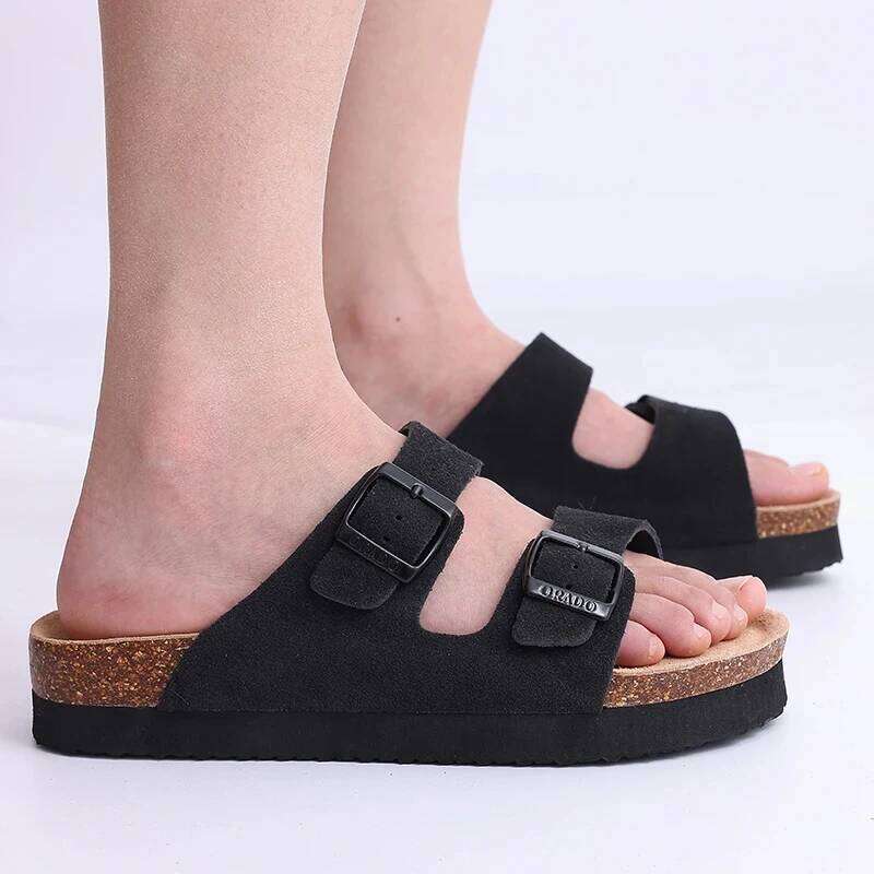 Litfun Women's Cork Footbed Classic Leather Flats Slippers Thick Bottom Double Buckle Slides Beach Sandals Adjustable