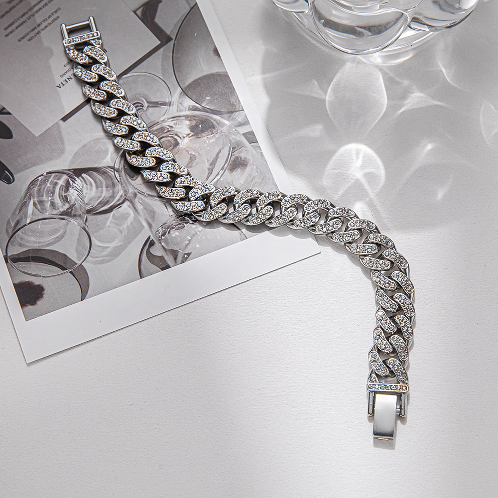 Bracelet Minimalist Fashion Full Diamond Cuban Bracelet Ins Style Hip Hop Trendy Personality Unisex Wholesale Titanium Steel Bracelet