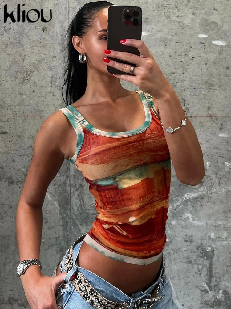 kliou Summer Women Bare Midriff Streetwear Mesh Tanks K24L47278 Girl Vintage Print Fit Vest Miss All-match Crop Tops Tees Attire 260306