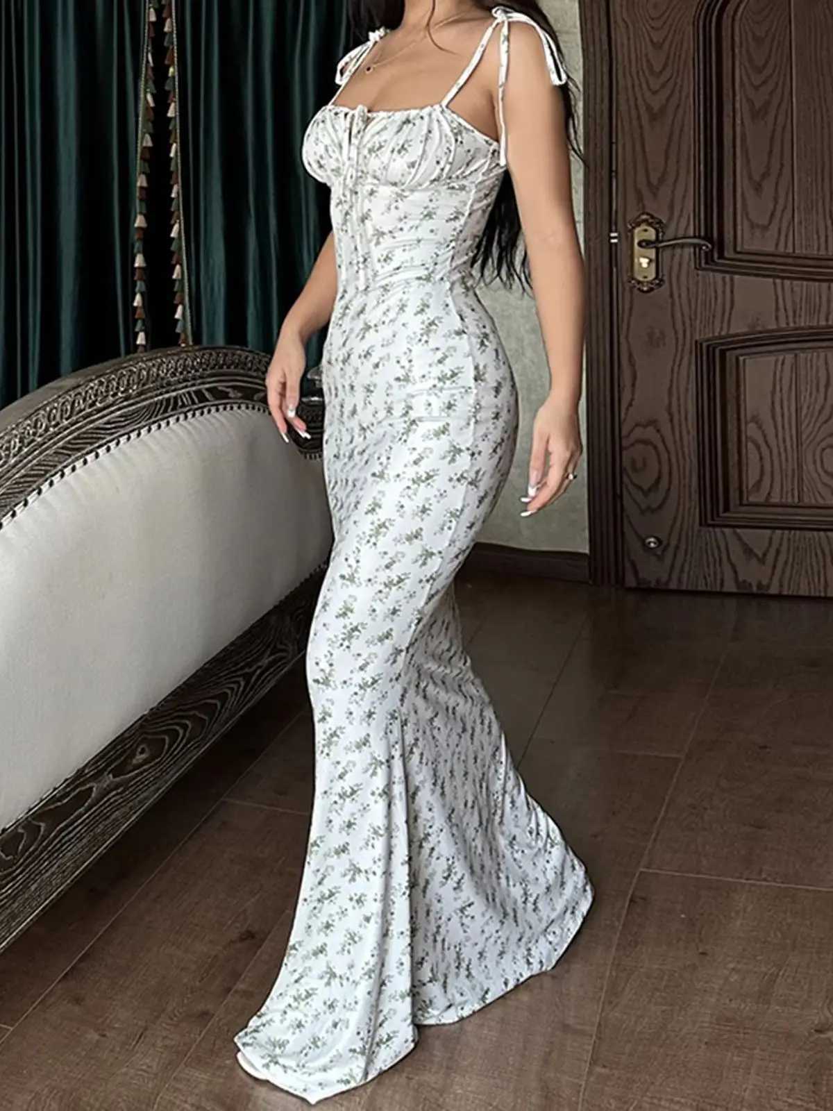 2025 Summer Floral Midi Dress Women Spaghetti Strap Tie-up V-neck Split Dress Sexy Vintage Elegant Dresses Female X260306