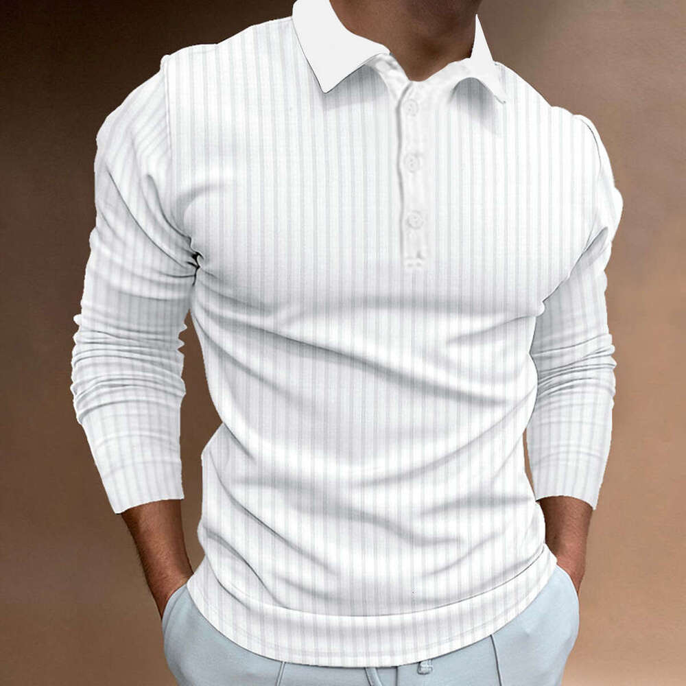 European and American Cross-Border Trade Men's Summer Sports Fitness Casual Turn-Down Collar Stretch Vertical Stripe Long Sleeve Polo Shirt for M