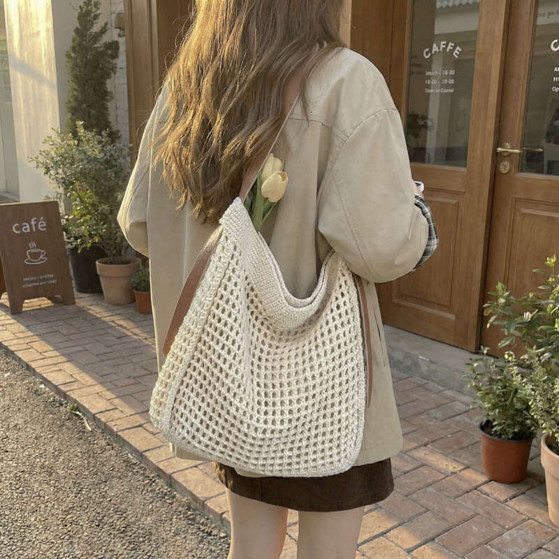 Handmade Crochet Cotton Thread Woven Tote For Women, Large Capacity Summer Lazy Style Beach Bag, Versatile Shoulder Crossbody Bag