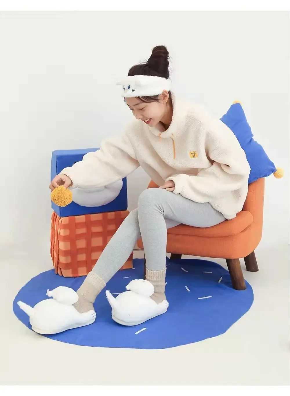 Blue Cat Cotton Slippers Jerk Cat Sense Semi-Packed Heel Cotton Shoes Plush Home Cute Warm Show Heel Simulation Cat Slippers S260305