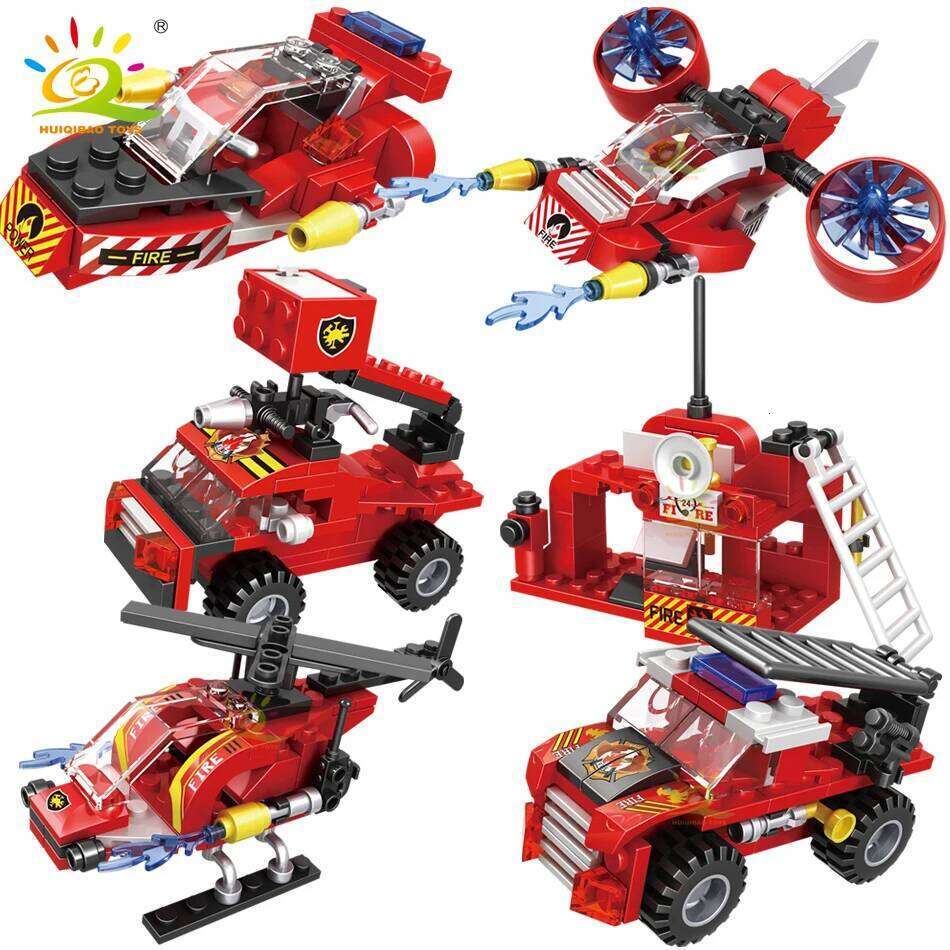 HUIQIBAO 387pcs 6in1 Fire Fighting Trucks Building Blocks City Rescue Helicopter Bricks 6 Fireman Toys For Children Kids Gift Z260306