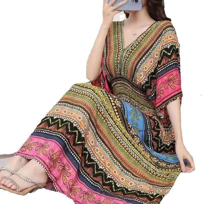 Autumn Chic Sweet Casual Countryside Print V-Neck Batwing Short Sleeve Midi Holiday Dress Fashion women dress