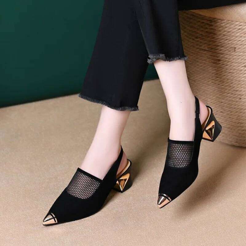 Women Cap Sandals Pointed Toe Backless 2026 Summer New Arrival Soft Leather Mid Block Heel Cutout Mesh Mom Shoes