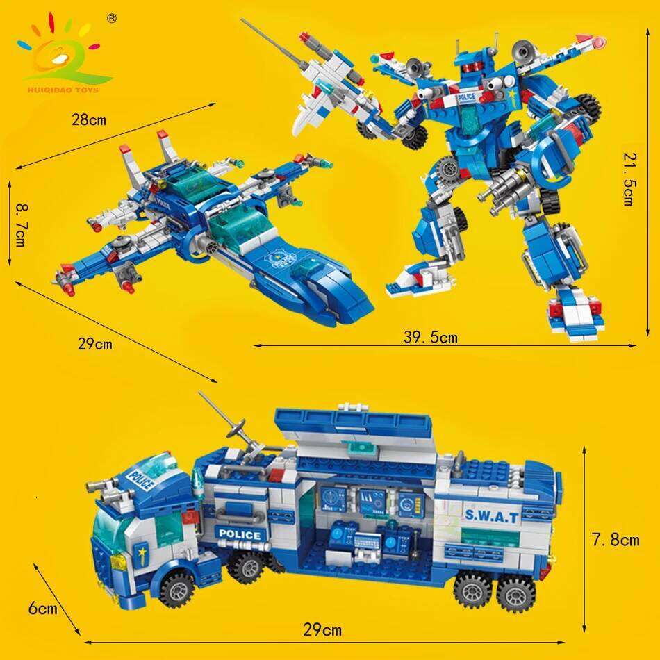 HUIQIBAO 700PCS 8in1 City Police Command Trucks Building Blocks Policeman Robot Car Helicopter Model Bricks Toys for Children Z260306