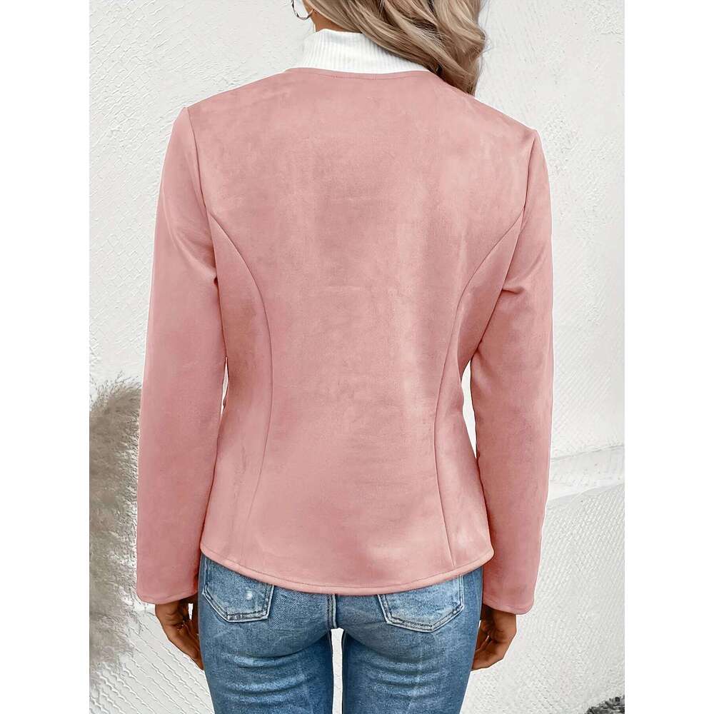 Women's Fashion Round Neck Slim Fit Top Long sleeved Access Control Zipper Cardigan Short Jacket