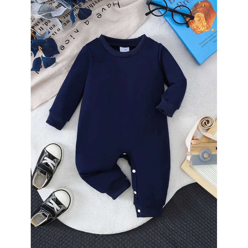 Baby Pure Cotton Long-sleeve Romper, Dark Blue Versatile Jumpsuit, Spring Autumn Warm Onesies, Newborn Outfit Z260306