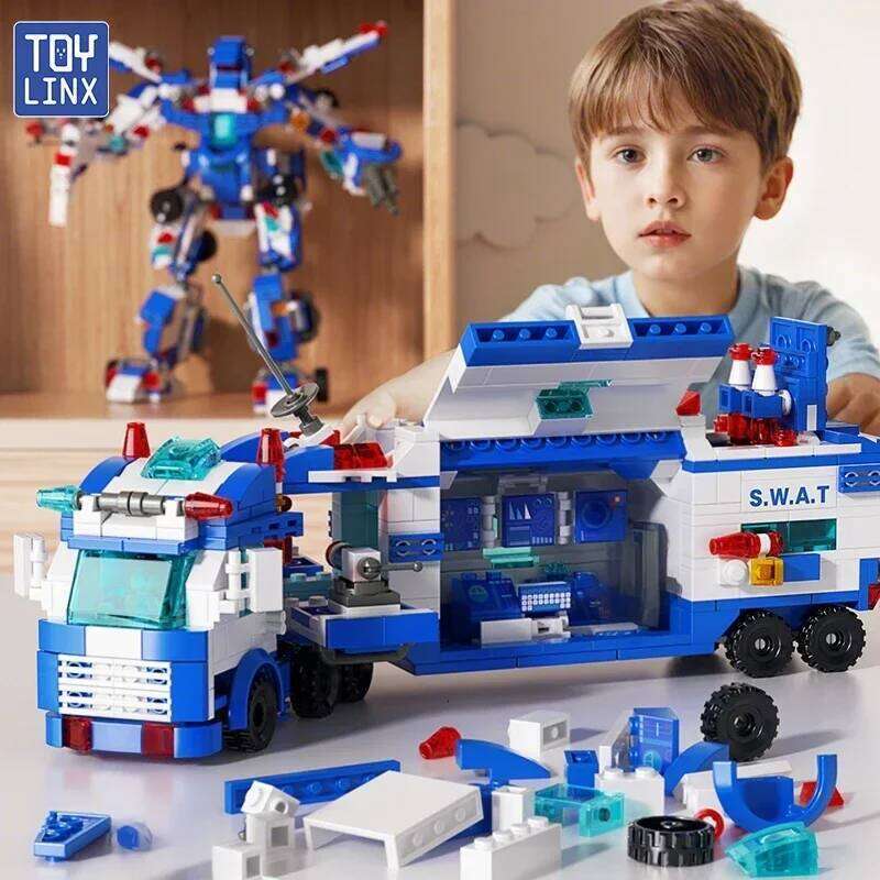 TOYLINX 679PCS Police Building Blocks 8-in-3 Transformable Toy 51 Shape Changes Robot Vehicle Aircraft Kids Construction Bricks Z260305