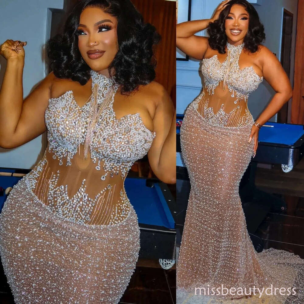Aso Ebi Ivory Mermaid Prom Dresses 2026 Pearls Crystals Illusion Evening Formal Party Second Birthday Engagement Gowns Plus Size Dress For Special Occ