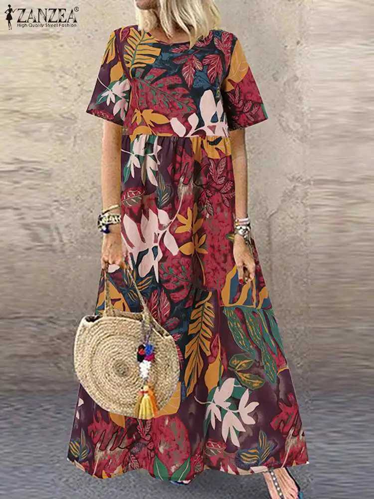 ZANZEA 2023 Vintage Printed Dress Womens Summer Sundress Casual Short Sleeve Maxi Vestidos Female O Neck Floral Robe Femme X260306