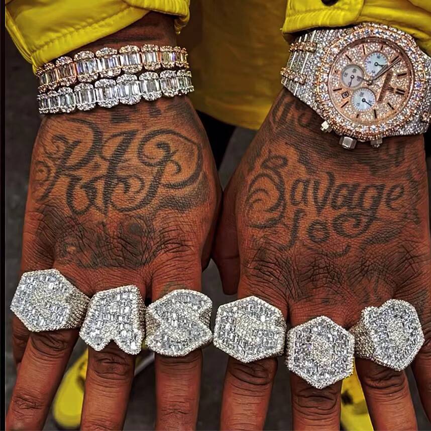 Hip Hop Mens Diamond Vvs Moissanite Pass 925 Sterling Silver Full Baguette Jewelry Big Finger Letter Ring for Men