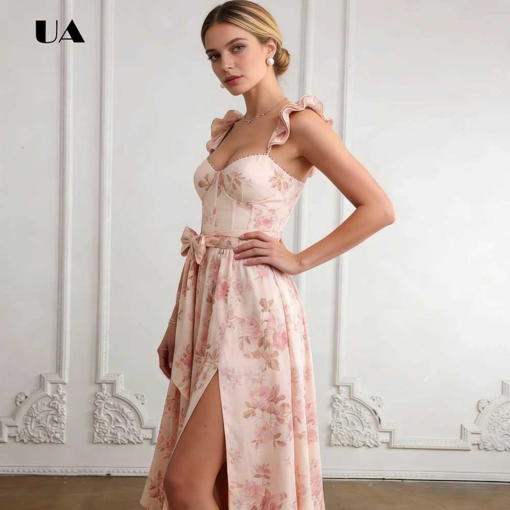 Elegant Flower Printed Sweetheart Neck Prom Dress with Ruffled Flying Sleeve Classic Empire Midi Party Dress French Slit Dress X260306