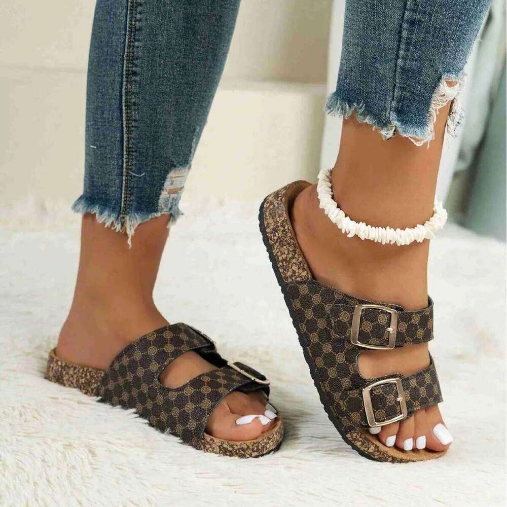Classic Cork Slippers For Women New Fashion Suede Flats Sandals Summer Couple Beach Slides Shoes With Adjustable Buckle