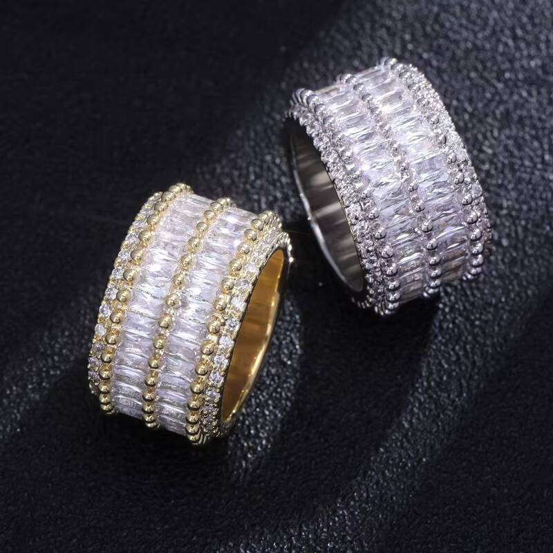 Wholesale Double Row Square Cubic Zircon Lab Diamond Rhodium Plated Round CZ Rings Luxury Hip Hop Jewelry for Men Women