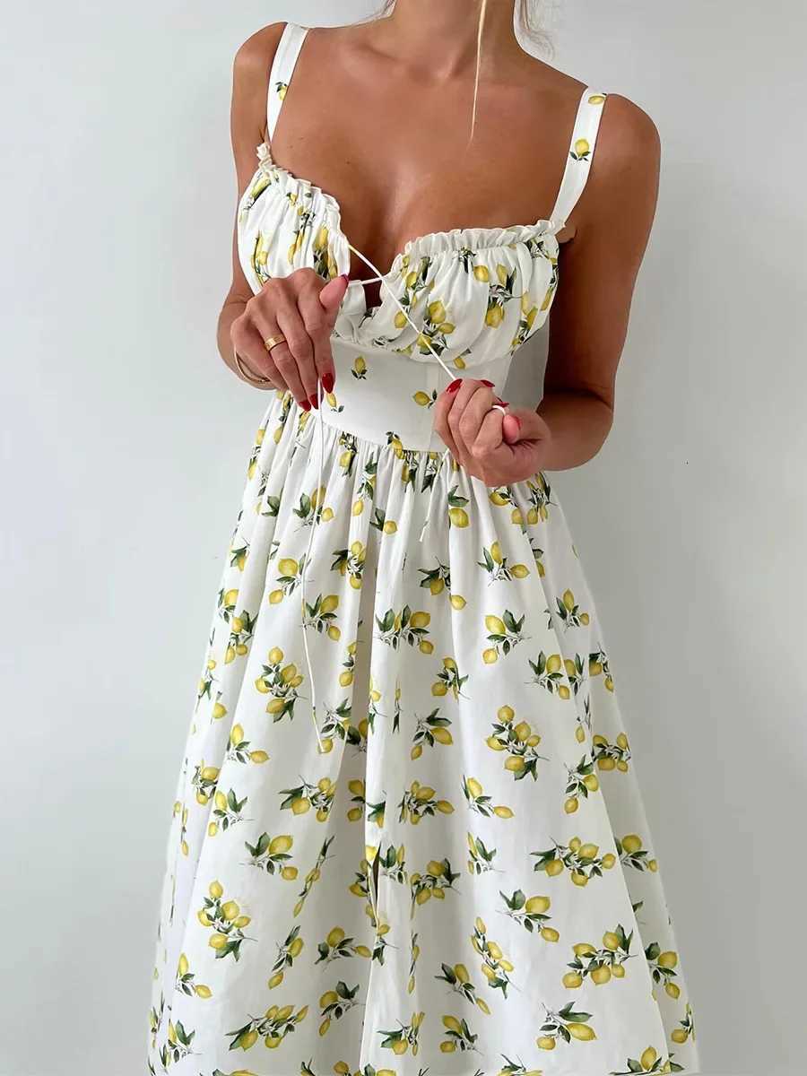 Wolfeel 2025 Summer New Fashion Print Cami Dress Women High Waist Slit Maxi Dress Elegant Vacation Long Dress X260306