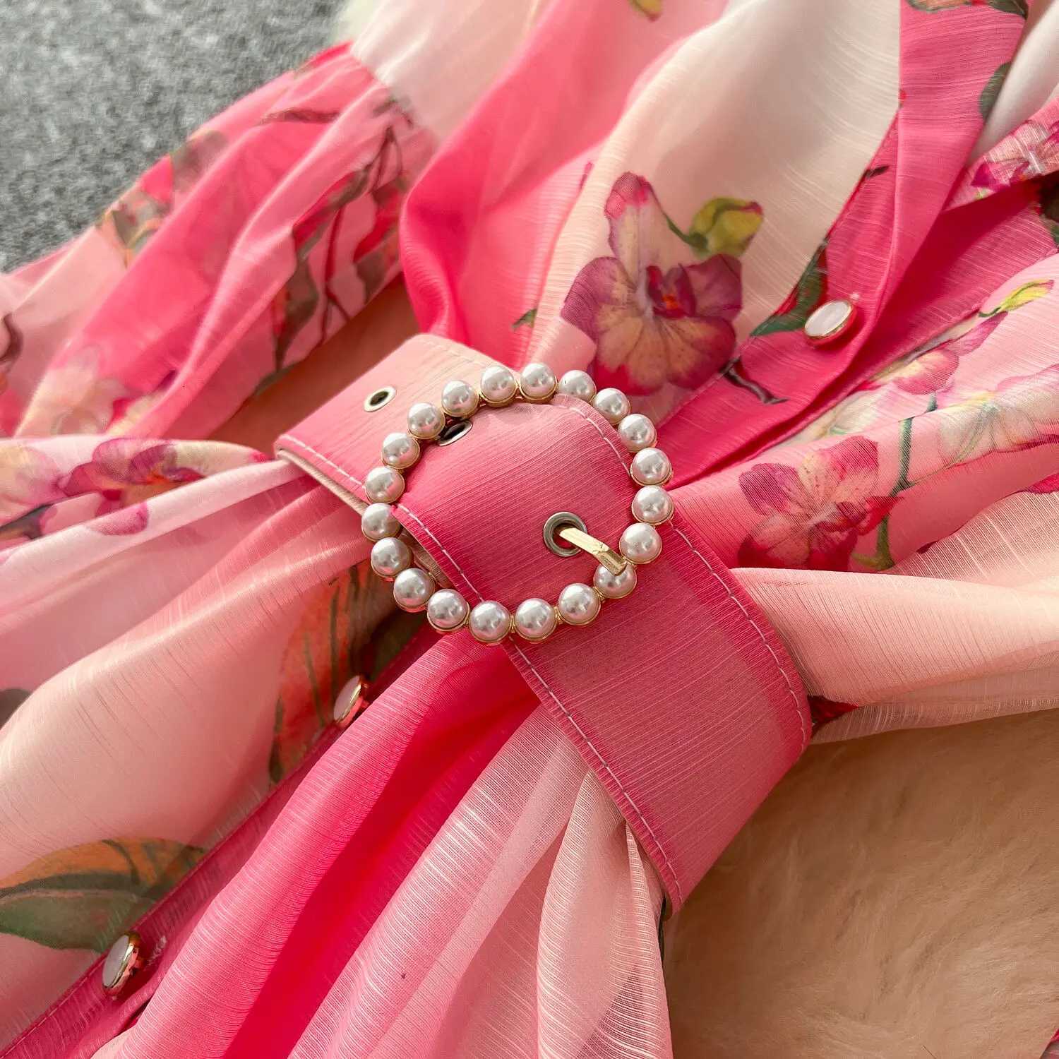 Floral Maxi Dress Women Summer Holiday Long Dresses Shirt 2025 Spring Full Sleeve Single Breasted Pearls Party Vestidos X260306