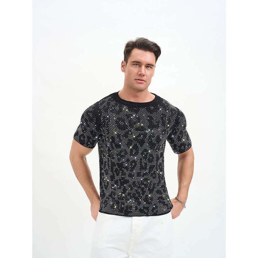 New European and American men's clothing, American-style breathable double-layer short-sleeve T-shirt, rhinestone party nightclub outfit