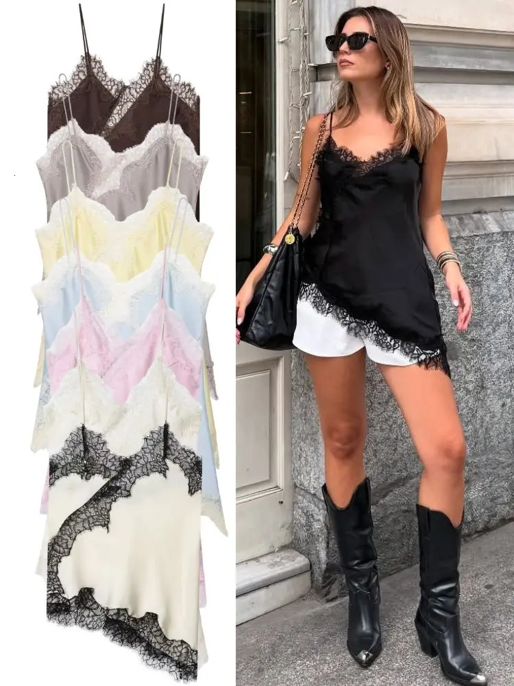 HH Sexy Women Asymmetrical Lace Slip Tops Summer Female Backless Sleeveless Off Shoulder Underwear Tanks Elegant Beach Camisole 260306