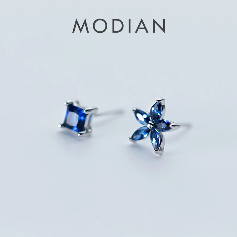 Modian Exquisite Blue Flower Plant Square Zircon Jewelry For Women Real 925 Sterling Silver Fashion Female Stud Earrings 260303